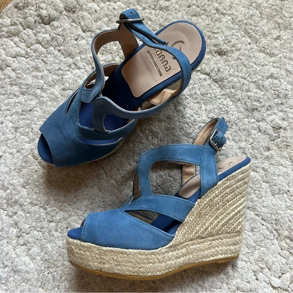 Kanna: Sky Blue Suede Espadrille Ankle Buckle Wedges NWOT Size 39
